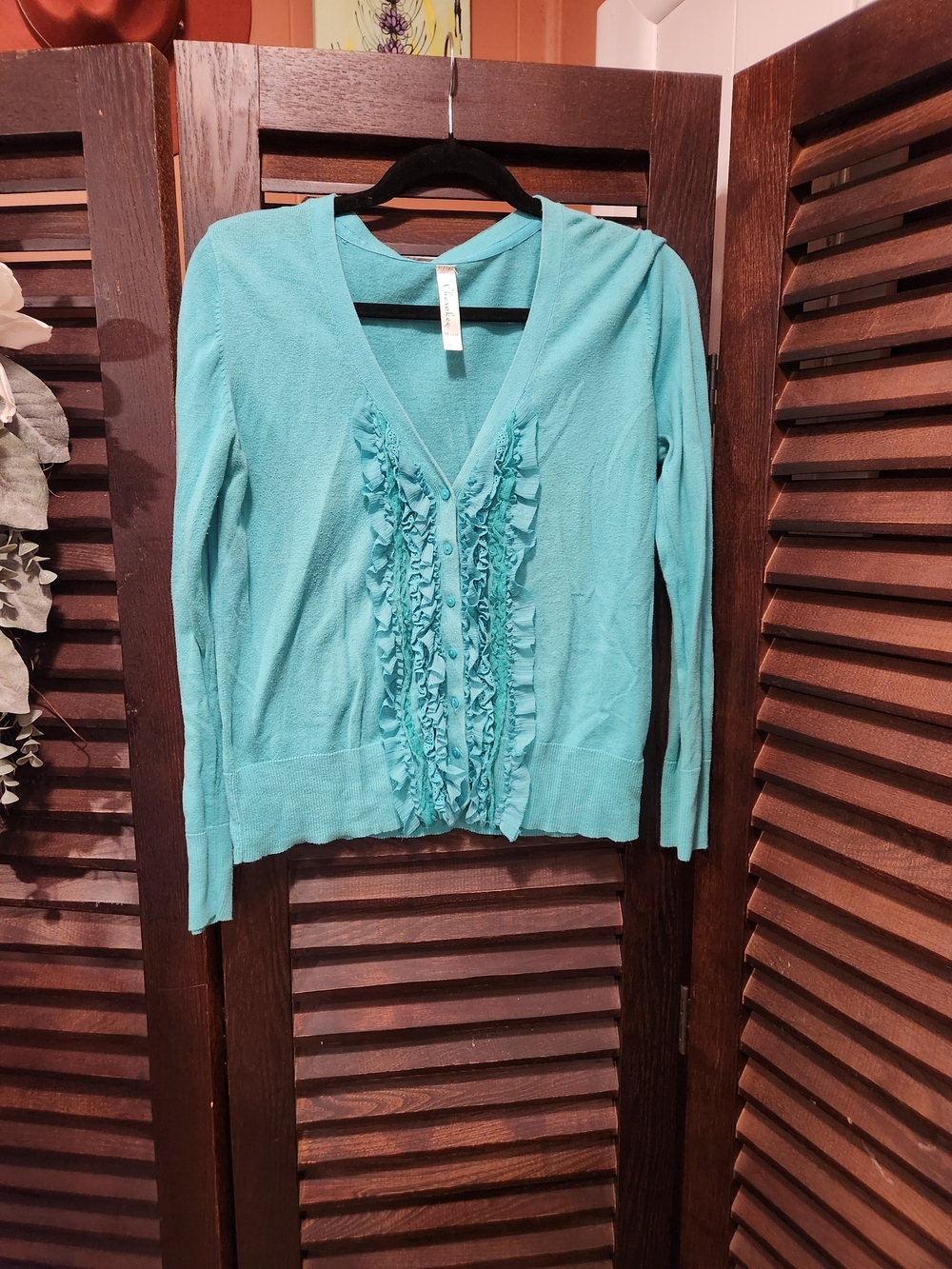 Cherokee Teal Ruffle-Front V-Neck Cardigan